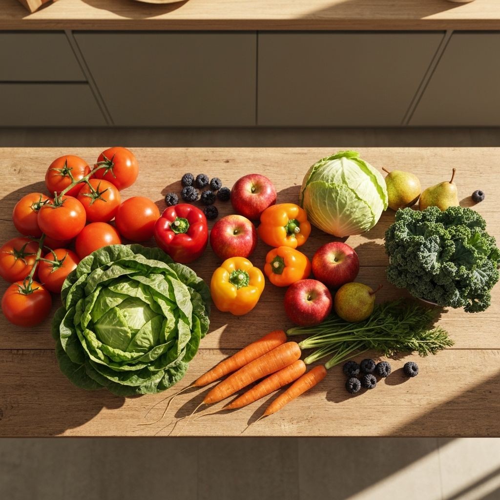 Tuoreita vihanneksia ja hedelmiä pöydällä