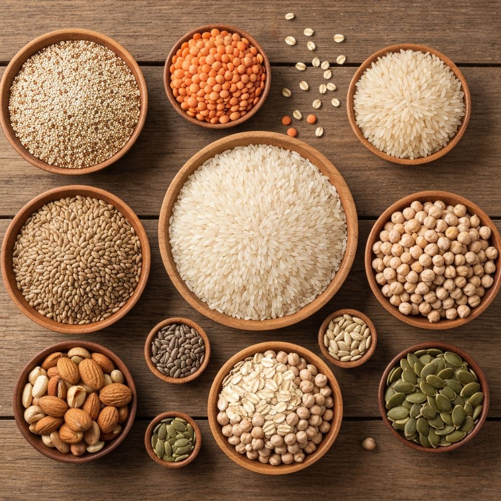 Erilaisia viljatuotteita ja palkokasveja